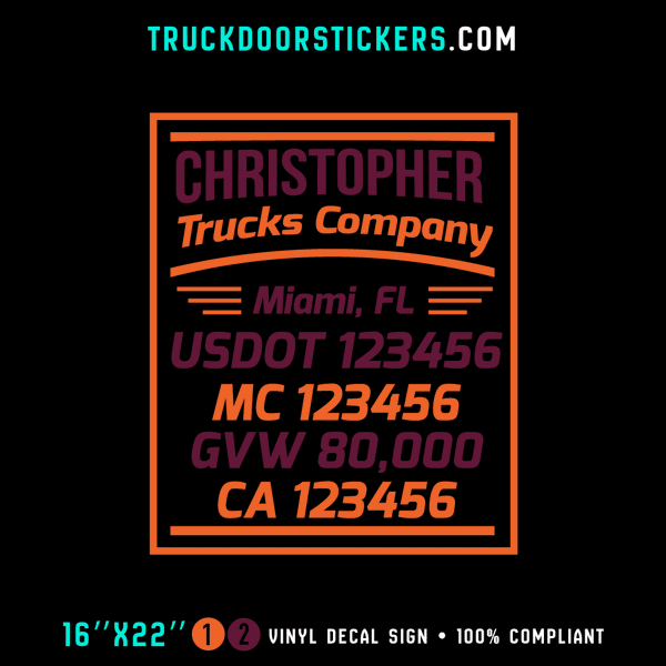 Truck Door Decal, Company Name, Location, USDOT, MC, GVW, CA