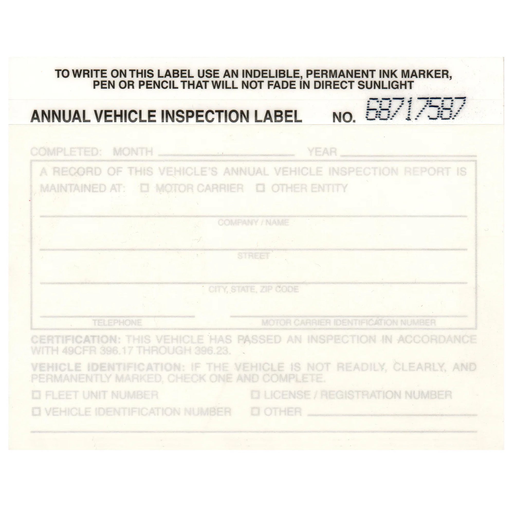 White FMCSA Annual Vehicle Inspection Label Sticker Decal For Compliance