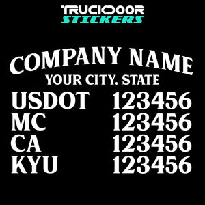 arched company name, city, usdot, mc, ca & kyu decal sticker