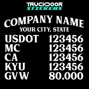 arched company name, city, usdot, mc, ca, kyu & gvw decal sticker