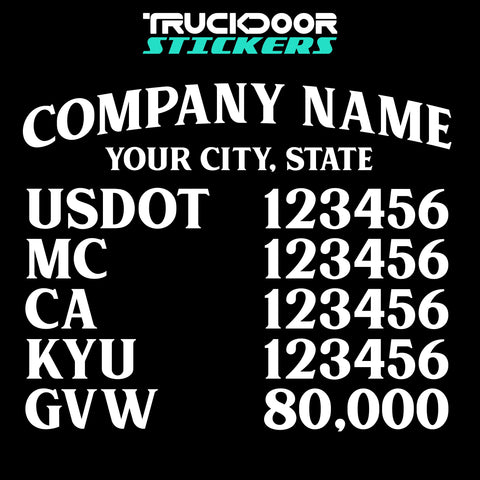 arched company name, city, usdot, mc, ca, kyu & gvw decal sticker