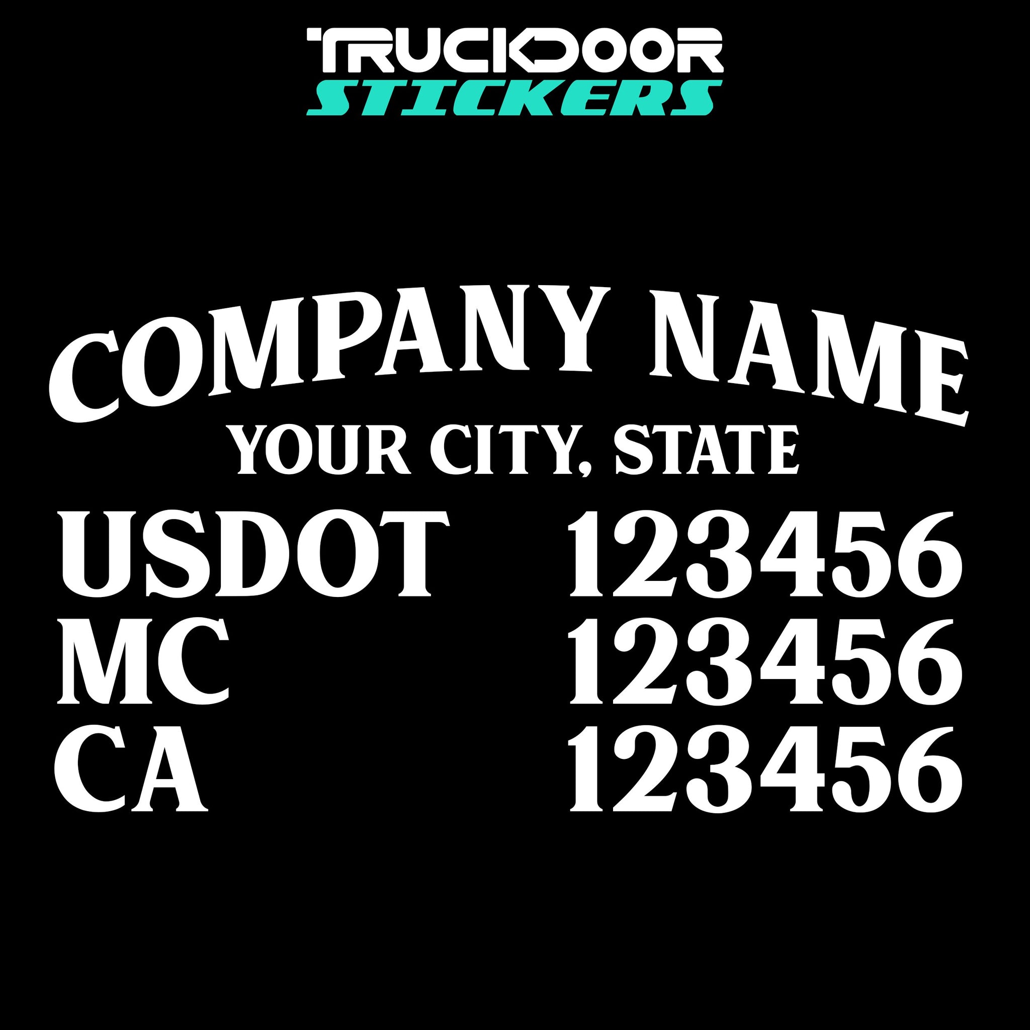 arched company name, city, usdot, mc, ca decal sticker