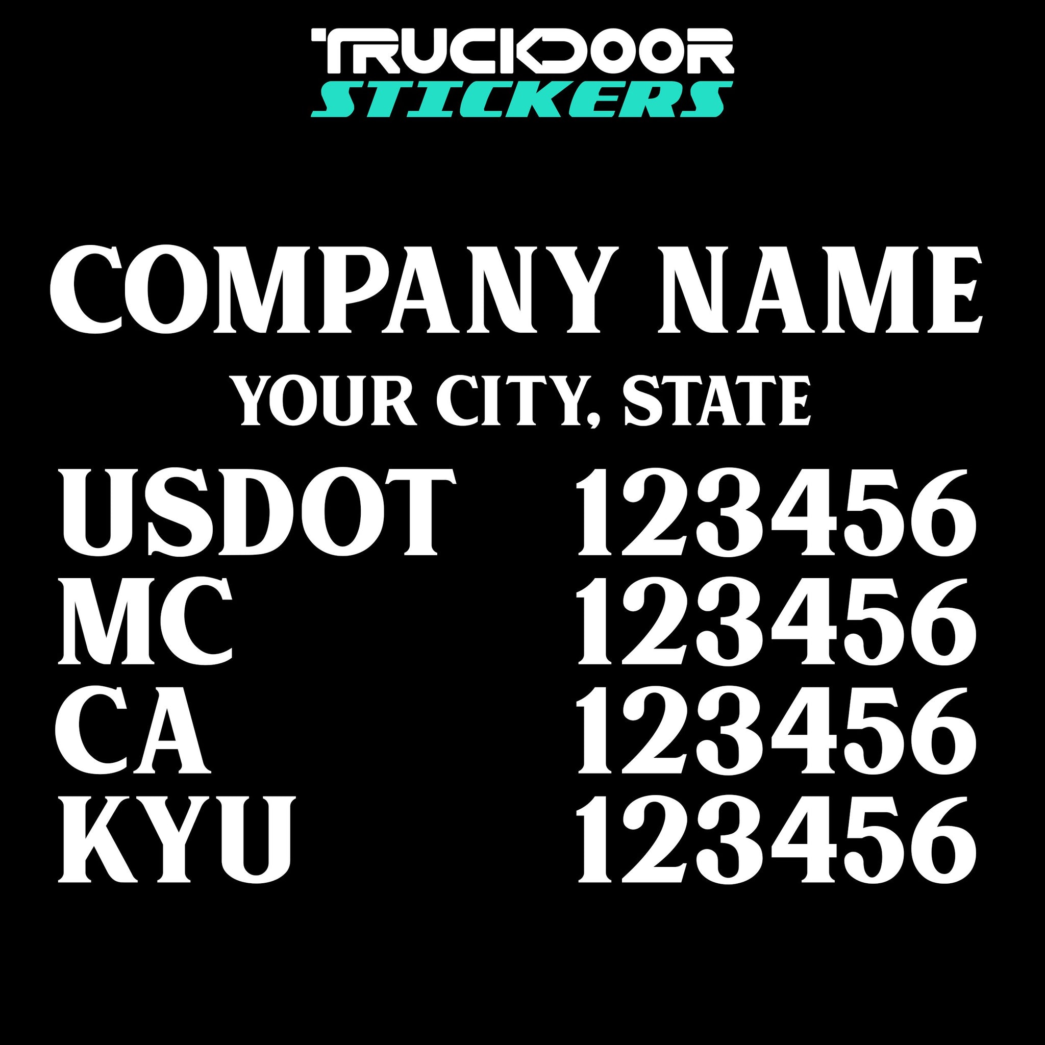 company name, city, usdot, mc, ca & kyu decal sticker