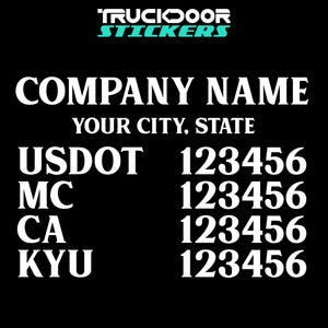 company name, city, usdot, mc, ca & kyu decal sticker