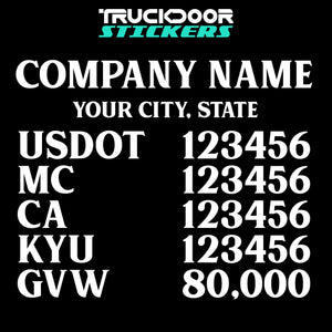 company name, city, usdot, mc, ca, kyu & gvw decal sticker
