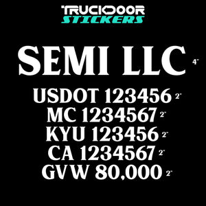 semi truck door decal with usdot mc kyu ca gvw decal