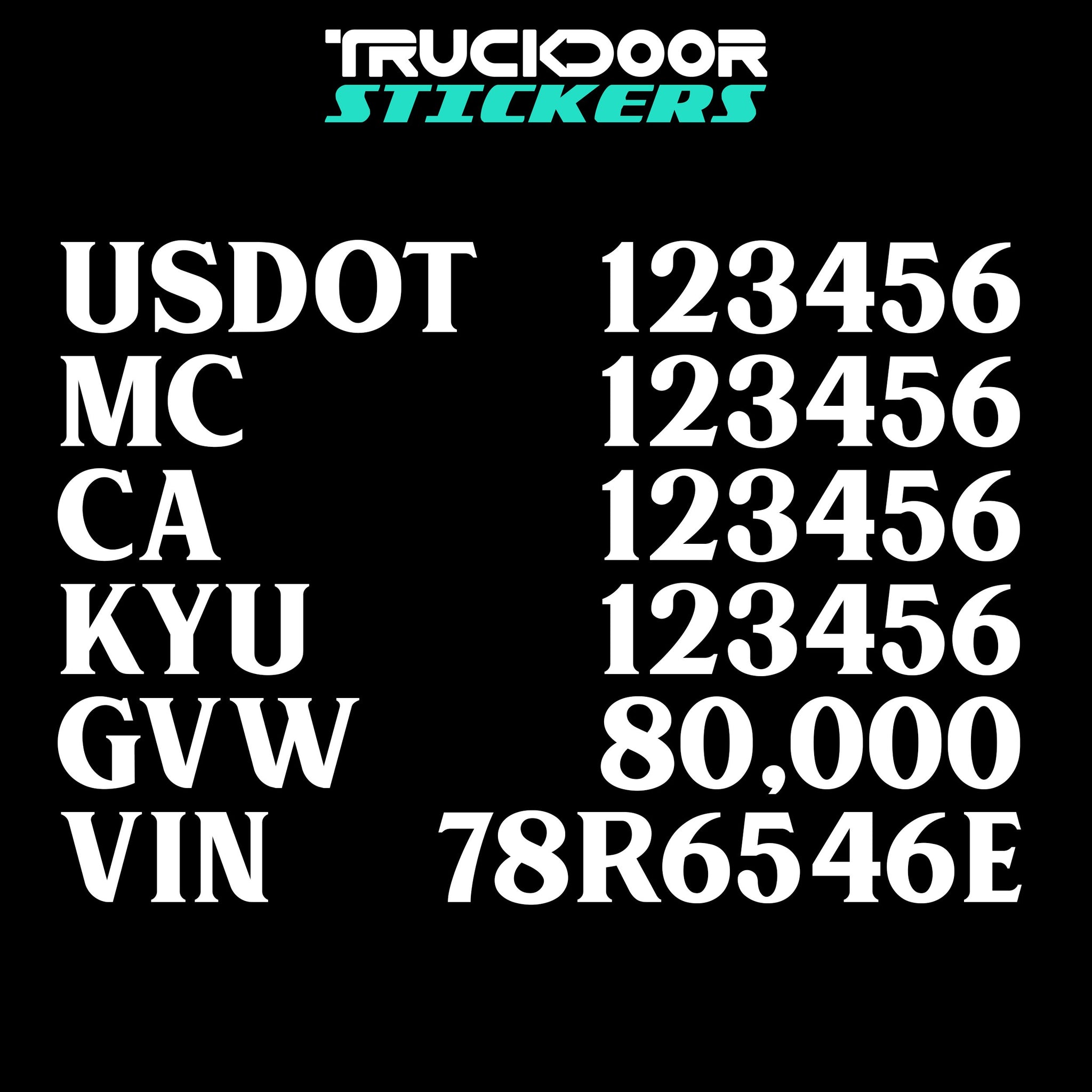 usdot, mc, ca, kyu, gvw & vin decal sticker