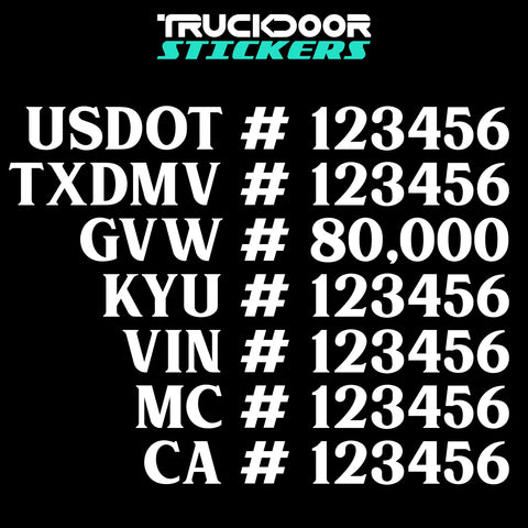 usdot txdmv gvw kyu vin mc ca number decal